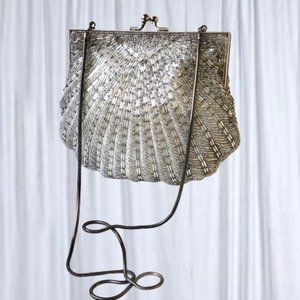 Vintage Silver Beaded Kiss Lock Chain Strap Evening Clutch Shoulder Purse
